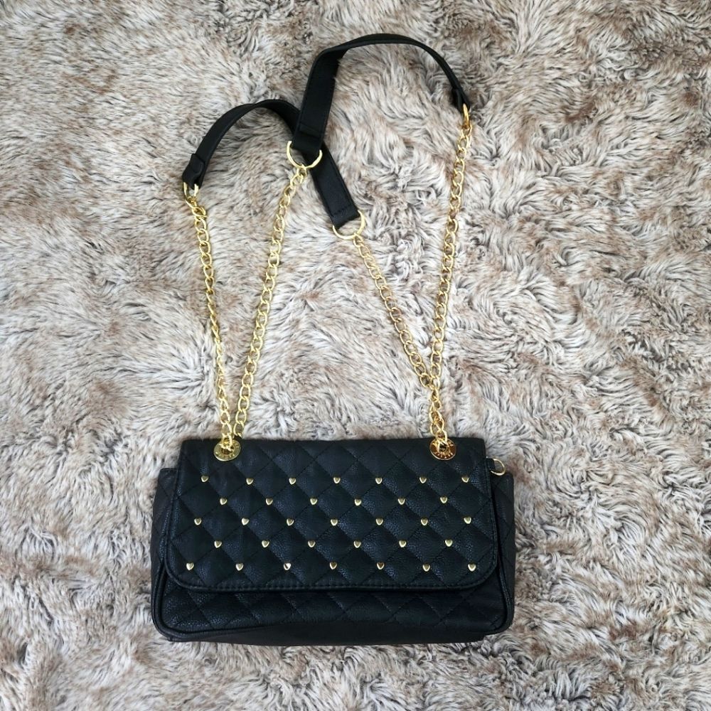 Betsey Johnson Quilted Gold Heart and Chain Black Faux‎ Leather Shoulder Bag